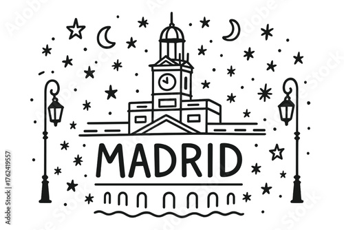 Madrid Night Doodle. Doodle madrid puerta del sol with stars, moons, and lanterns, center word “Madrid” in black and white