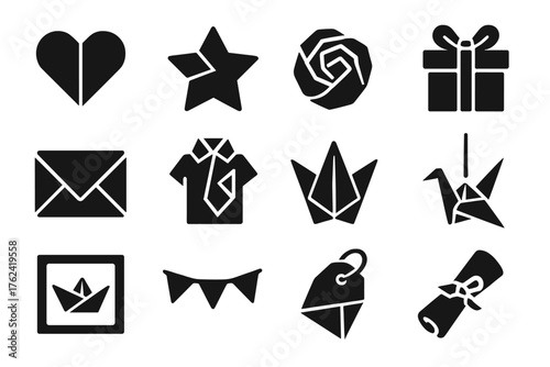 Decorative Origami Icons. Solid style icons of Decorative origami and gifts: folded heart, lucky star, origami rose, gift box,