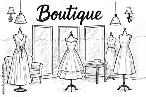 Chic Fashion Boutique. Hand-drawn fashion boutique with mirrors, lamps, and dresses, center word “Boutique” in black and white