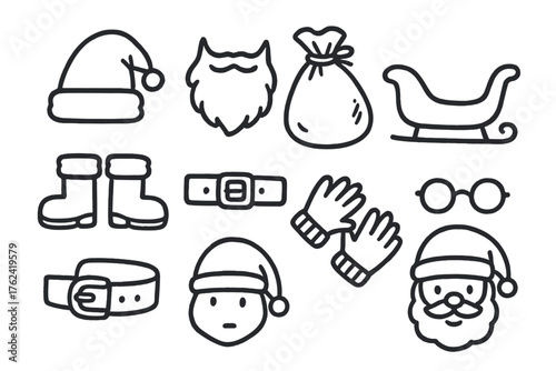 Santa Claus Icon Set. Santa Claus doodle icon set: hand drawn icons of Santa hat, beard, sack of gifts, sleigh, boots, belt,