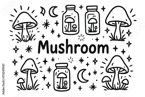 Glowing Mushroom Doodle. Doodle glowing mushrooms with jars, sparks, and moons, center word “Mushroom” in black and white isolated