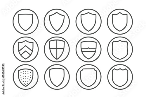 Medieval Shield Icons. Line style round icons of medieval shields: heater shield, kite shield, targe, escutcheon; chevron mark,
