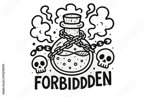 Forbidden Potion Doodle. Doodle forbidden potion with chains, skulls, and smoke, center word “Forbidden” in black and white