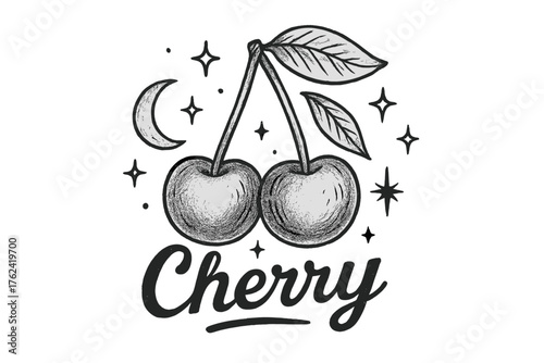 Cherry Moons Delight. Hand-drawn cherry pair with moons, leaves, and sparkles, center word “Cherry” in black and white isolated