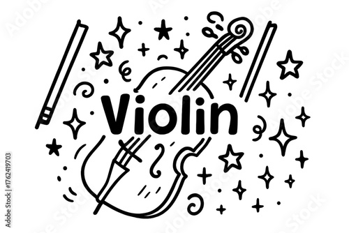 Violin Doodle Art. Doodle violin with stars, bows, and sparkles, center word “Violin” in black and white isolated transparent