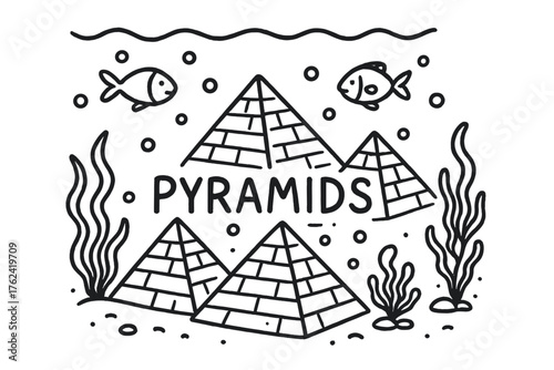 Underwater Pyramids Doodle. Doodle underwater pyramids with fish, seaweed, and bubbles, center word “Pyramids” in black and white