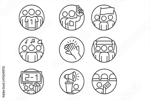 Sports Fan Icons. Line style round icons of crowd and fans: jersey, foam finger, flag, ticket; chant, clapping, team scarf, goal