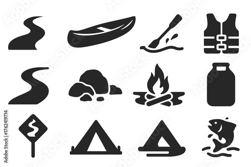 River Adventure Icons. Solid style icons of River Adventure: winding stream, canoe, paddle stroke, safety vest, river curve, stone