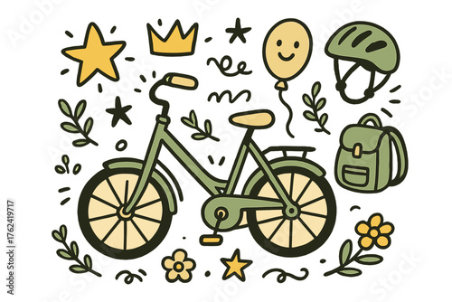 Whimsical Bike Adventure. Bicycle ride illustration doodle style: hand drawn bike with smile, crown, star, balloon, helmet,