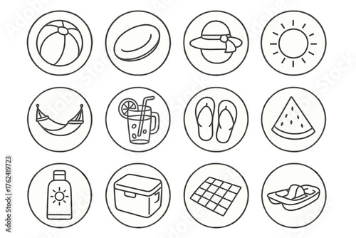 Summer Fun Icons. Line style round icons of summer fun: beach ball, flying disc, ice cream, sunhat; hammock, lemonade, flip-flops,