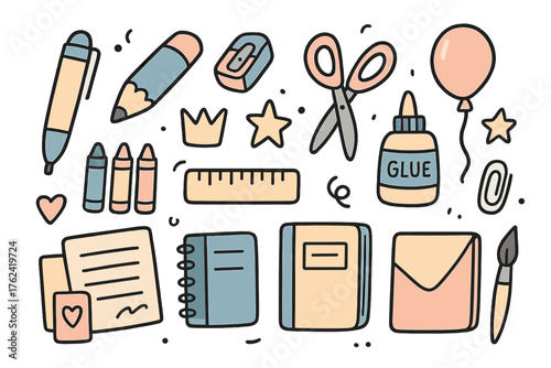 Cute Stationery Doodle Icons. Stationery doodle icon set: hand drawn icons of pen, pencil, eraser, sharpener, ruler, scissors,