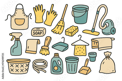 Housekeeping Icon Doodles. Housekeeping doodle icon set: hand drawn icons of apron, gloves, broom, mop, bucket, spray bottle, soap