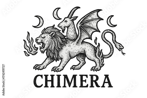 Chimera with Moons. Hand-drawn chimera with moons, wings, and flames, center word “Chimera” in black and white isolated