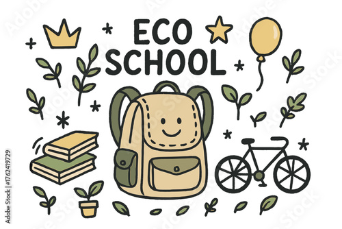 Eco School Doodle. Eco school illustration doodle style: hand drawn backpack with smile, crown, star, balloon, books, plants, and
