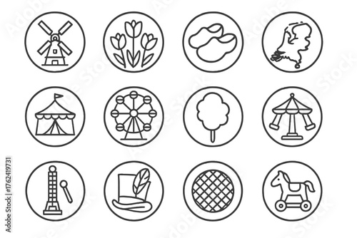 Dutch Fair Icons. Line style round icons of Kermis: windmill, tulips, clogs, Netherlands; fair tent, Ferris wheel, cotton candy,