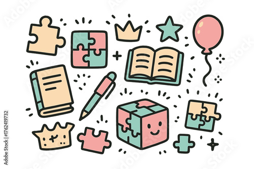Cute Puzzle Doodle Set. Puzzle doodle icon set: hand drawn icons of pieces, complete puzzle, book, crown, star, balloon, notebook,