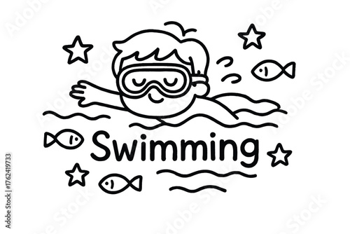 Swimming Doodle Adventure. Doodle swimming with fish, goggles, and stars, center word “Swimming” in black and white isolated
