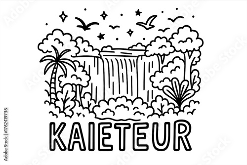 Kaieteur Falls Doodle. Doodle kaieteur falls with rainforest, birds, and stars, center word “Kaieteur” in black and white isolated