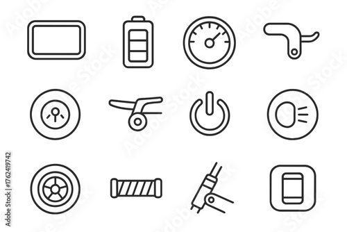 Electric Scooter Icons. Line style round icons of electric scooter comparison: display screen, battery icon, speed dial, thumb