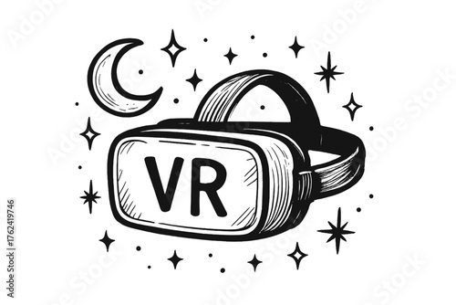 VR Headset Dreams. Hand-drawn vr headset with moons, sparks, and stars, center word “VR” in black and white isolated transparent