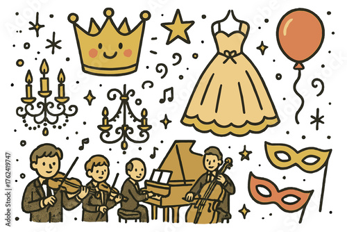 Doodle Royal Ball Wonders. Royal ball illustration doodle style: hand drawn crown with smile, gown, star, balloon, chandeliers,