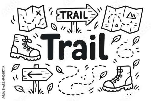 Doodle Trail Illustration. Doodle adventure trail with maps, boots, and signs, center word “Trail” in black and white isolated