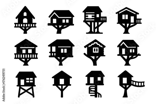 Treehouse Icon Set. Solid style icons of Treehouse structure and design: A-frame treehouse, cabin style, multi-level platform,