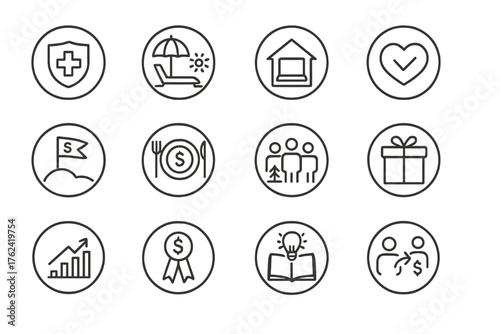 Line Style Benefit Icons. Line style round icons of employee benefits: health insurance, paid leave, remote work icon, wellness