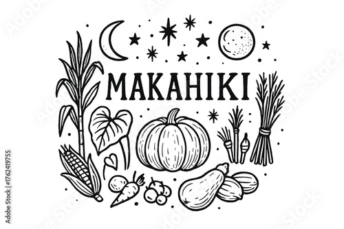 Makahiki Festival Imagery. Hand-drawn makahiki festival with moons, stars, and harvest, center word “Makahiki” in black and white