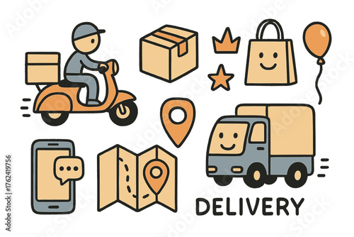Cute Delivery Doodles. Delivery doodle icon set: hand drawn icons of delivery bike, box, bag, crown, star, balloon, map, phone,