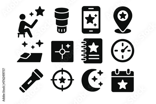 Astronomical Viewing Tools. Solid style icons of Astronomical Viewing: star viewer, telescope eyepiece, star app screen, location
