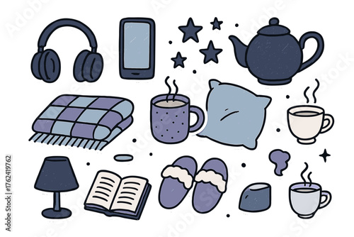 Cozy Evening Icons. Evening chill doodle icon set: hand drawn icons of headphones, smartphone, blanket, cocoa, pillow, slippers,