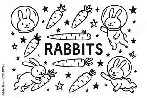 Cosmic Rabbit Doodle. Doodle cosmic rabbits with carrots, stars, and helmets, center word “Rabbits” in black and white isolated