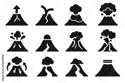 Volcanic Eruption Stages. Solid style icons of Volcanic eruption stages: magma rise, vent fracture, pressure build-up, ash release