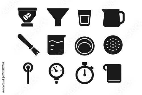 Espresso Tools Icons. Solid style icons of Espresso preparation tools: bean hopper, dosing funnel, shot glass, milk pitcher,