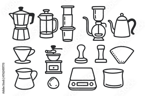 Coffee Tools Icons. Coffee tools doodle icon set: hand drawn icons of moka pot, french press, aero press, siphon, kettle, dripper,