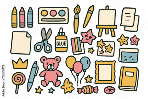 Children's Art Doodles. Children’s art doodle icon set: hand drawn icons of crayons, paints, palette, brush, easel, paper,