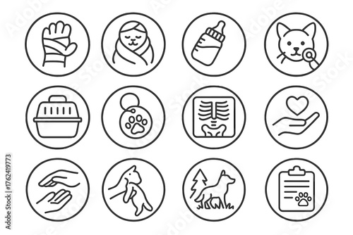 Animal Rescue Icons. Line style round icons of animal rescue: bandaged paw, warm blanket, feeding bottle, medical check; transport