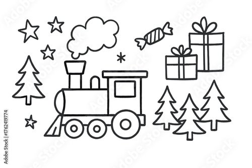 Festive Train Icons. Holiday train doodle icon set: hand drawn icons of steam train, gifts, candy, trees, and stars. isolated