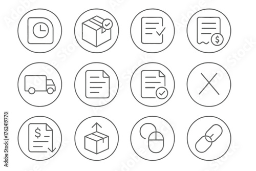 Order Management Icons. Line style round icons of order management: order history, fulfillment status, order confirmation, payment