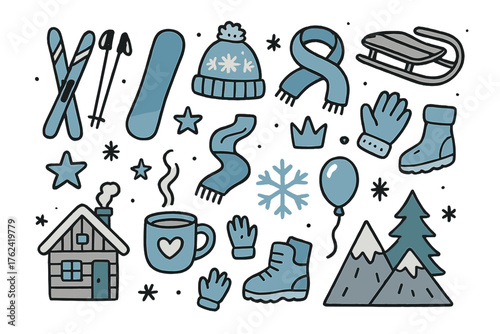 Winter Sports Icons. Winter sports doodle icon set: hand drawn icons of skis, snowboard, sled, hat, scarf, boots, gloves, cabin,