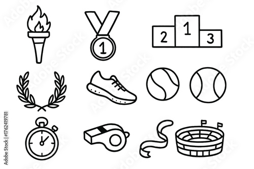 Olympic Doodle Icons. Olympics doodle icon set: hand drawn icons of torch, medal, podium, laurel wreath, running shoe, ball,