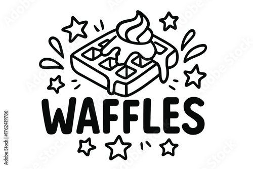Starry Waffle Delight. Doodle waffles with stars, cream, and syrup, center word “Waffles” in black and white isolated transparent