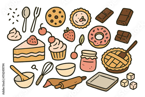 Desserts Doodle Icons. Desserts doodle icon set: hand drawn icons of cake, cupcake, cookie, tart, donut, pie, chocolate bar, spoon