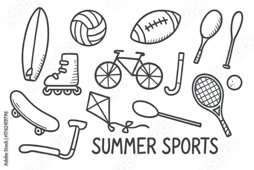 Summer Sports Icons. Summer sports doodle icon set: hand drawn icons of surfboard, volleyball, football, bicycle, rollerblades,