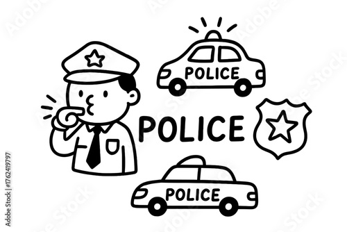 Doodle Police Elements. Doodle police officer with whistle, car, and badge, center word “Police” in black and white isolated