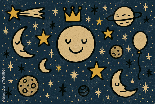 Whimsical Starry Night. Starry night texture illustration doodle style: hand drawn sky with smile, crown, star, balloon, doodle