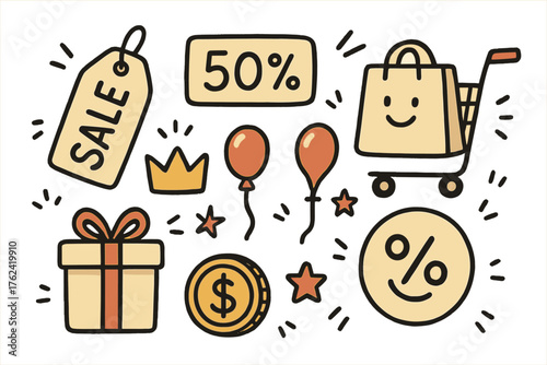 Sale Doodle Icons. Sale doodle icon set: hand drawn icons of discount tag, price sign, bag, cart, crown, star, balloon, gift box,