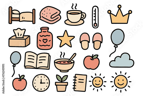 Cozy Recovery Icons. Recovery doodle icon set: hand drawn icons of bed, blanket, tea cup, thermometer, tissue box, hot water