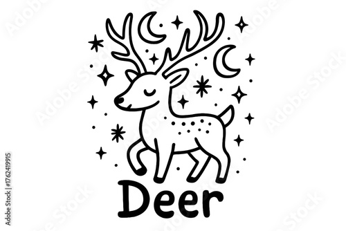 Magical Deer Design. Doodle magical deer with antlers, sparkles, and moons, center word “Deer” in black and white isolated
